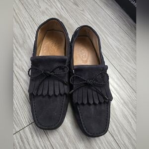 Tod's Dark Suede Men's Loafers with Fringe and Bow